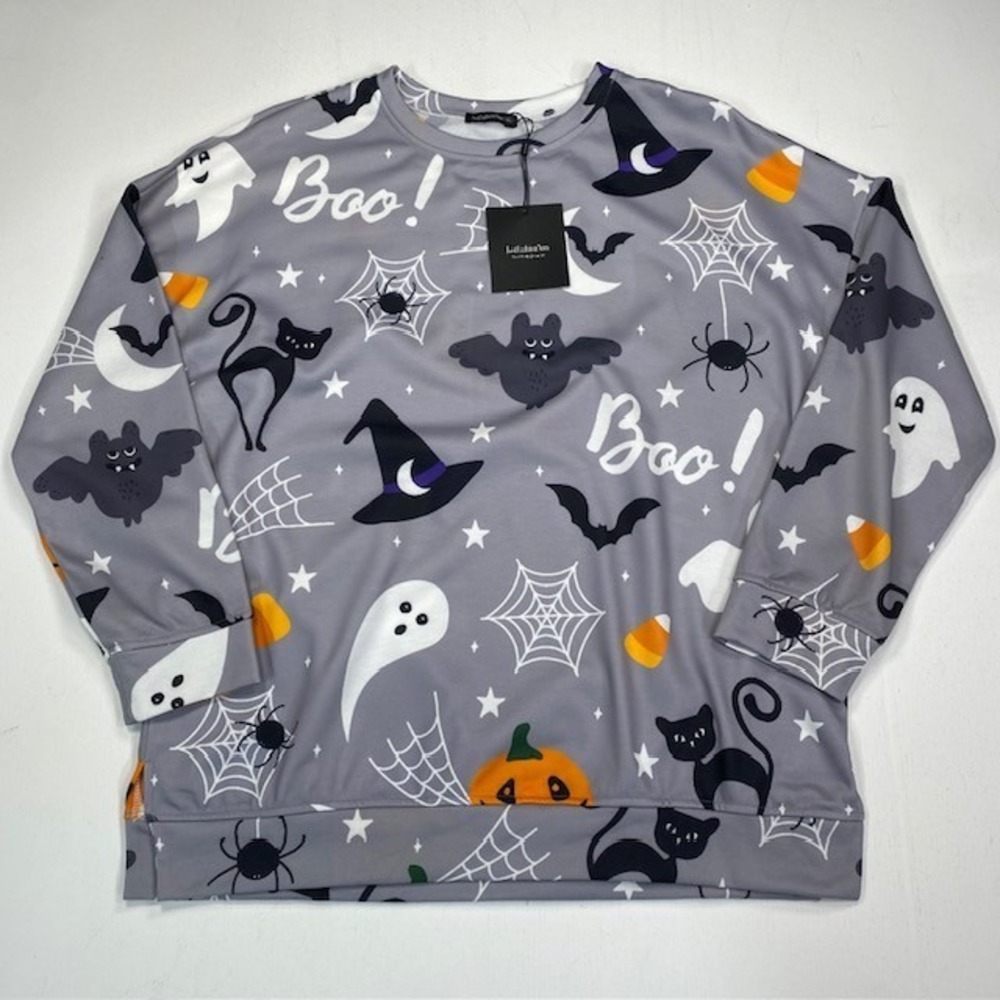JustFashionNow Halloween Sweatshirt XL Grey Boo Ghost Cat Bat Print 1237691#